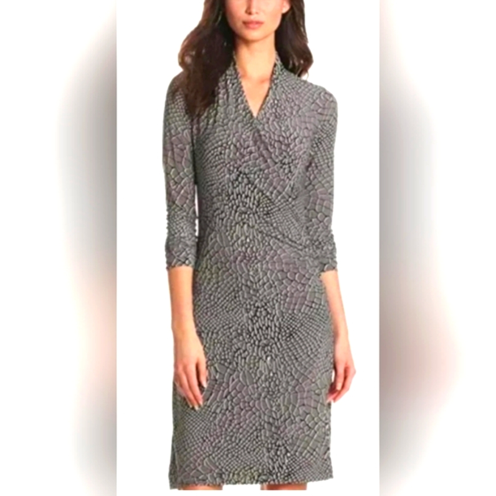 Norma Kamali Black White Reptile Grey Ruched Faux Wrap Dress. Sz. L Scandi Girl